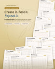 Content & Marketing printable template collection flat lay — 24 PDF templates including Hashtag Bank, Caption Bank, Content Pillars, and Media Kit
