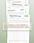 Productivity Templates printable collection flat lay — Deep Work Log template