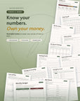 Finance & Money printable template collection flat lay — 18 PDF templates including Credit Score, Debt Payoff, Bill Due Dates, and Monthly Budget