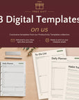 Promotional graphic: 3 free digital templates gift with Maison Manifeste notebook purchase, shown on a lifestyle desk photo