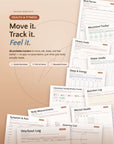 Health & Fitness printable template collection flat lay — 26 PDF templates including Meal Planner, Movement Tracker, Fitness Goals, and Sleep & Energy