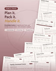 Home, Life Admin & Travel printable template collection flat lay — 24 PDF templates including Home Inventory, Family Command Center, Trip Itinerary, and Cleaning Schedule