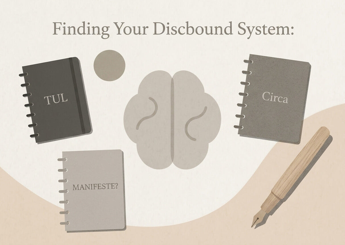 Illustration comparing TUL, Circa, and MANIFESTE discbound notebooks around a brain graphic and a wooden fountain pen