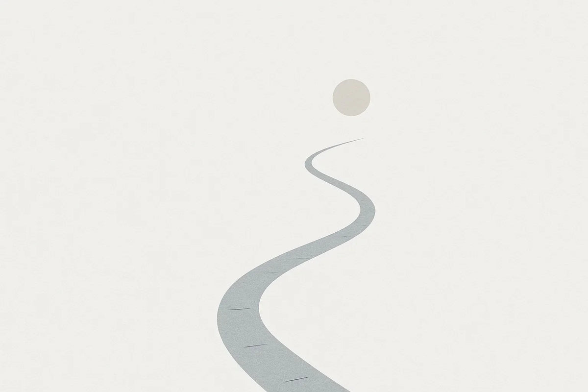 Minimalist illustration of a winding path leading up toward a circular sun, symbolizing a daily journey