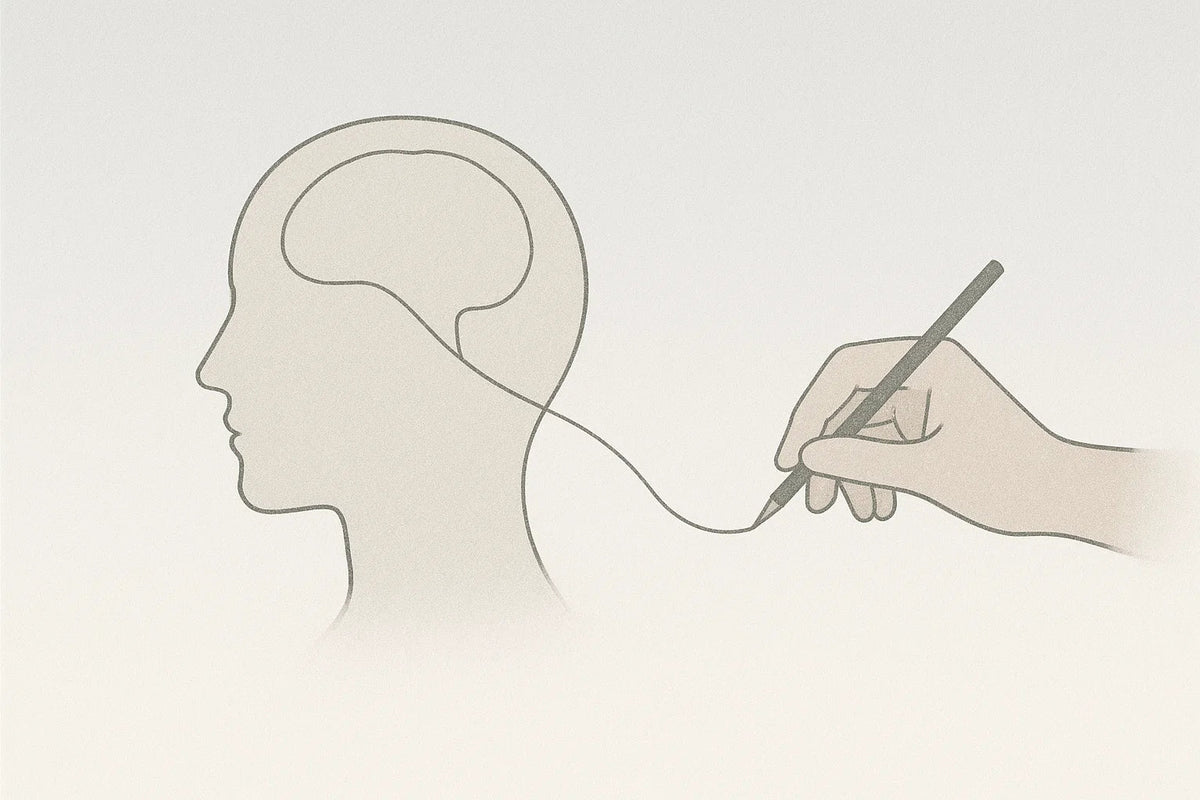 Line illustration of a head in profile with a visible brain outline, connected by a line to a hand holding a pencil