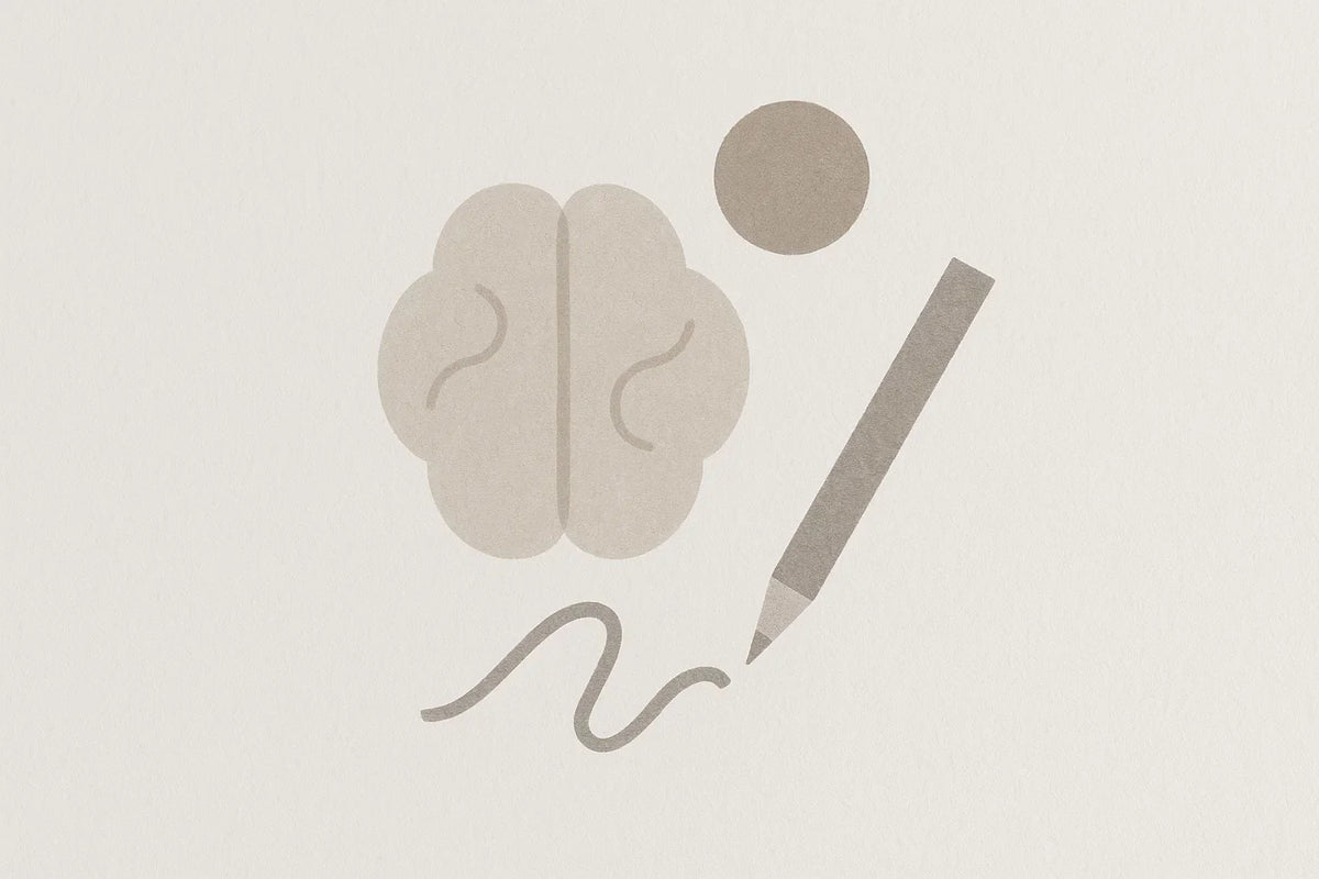 Illustration of a brain beside a pencil drawing a looping line, symbolizing writing rewiring the brain