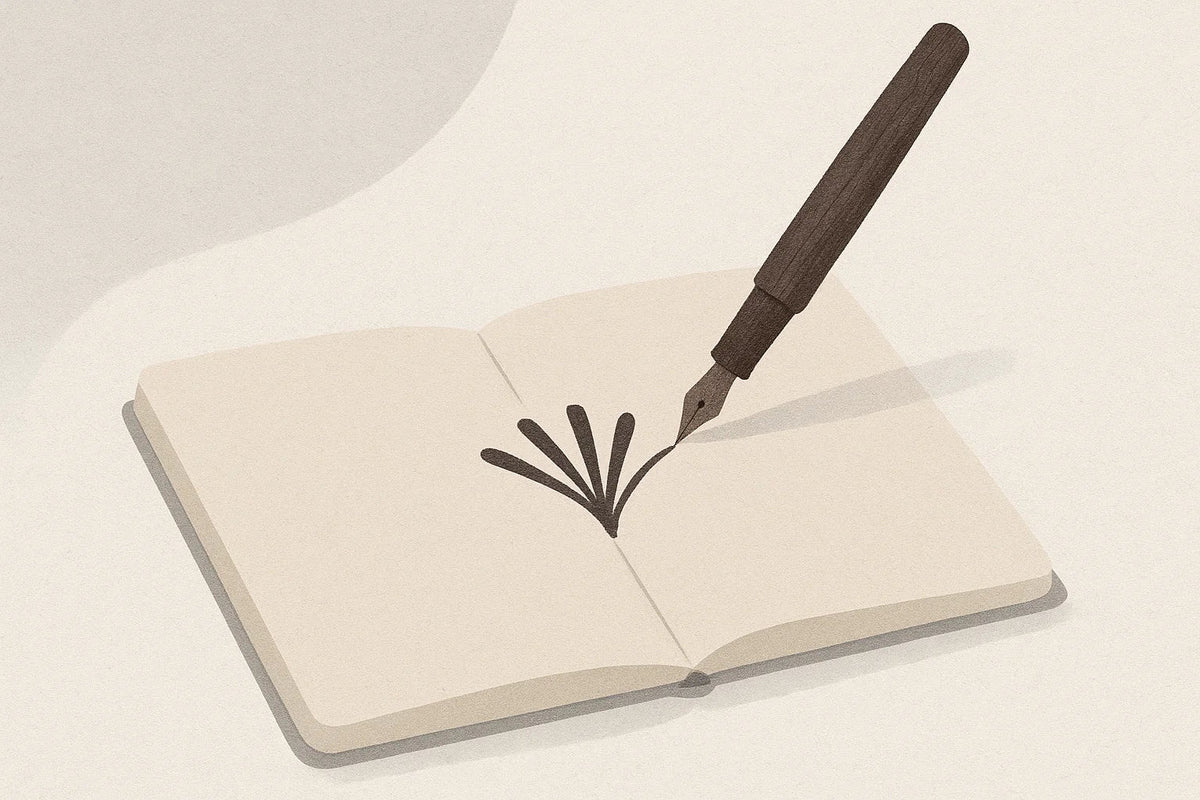 Illustration of a fountain pen writing a starburst flourish in an open notebook