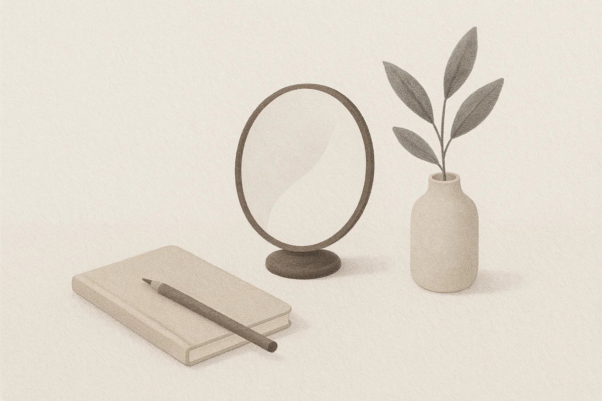 Illustration of a notebook and pen beside an oval mirror on a stand and a vase with an olive branch