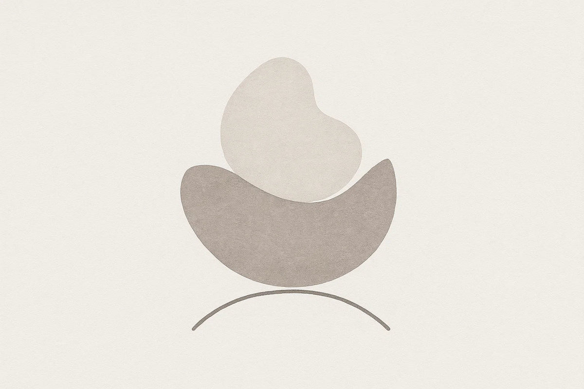 Abstract illustration of two overlapping organic shapes balanced on a thin curved line