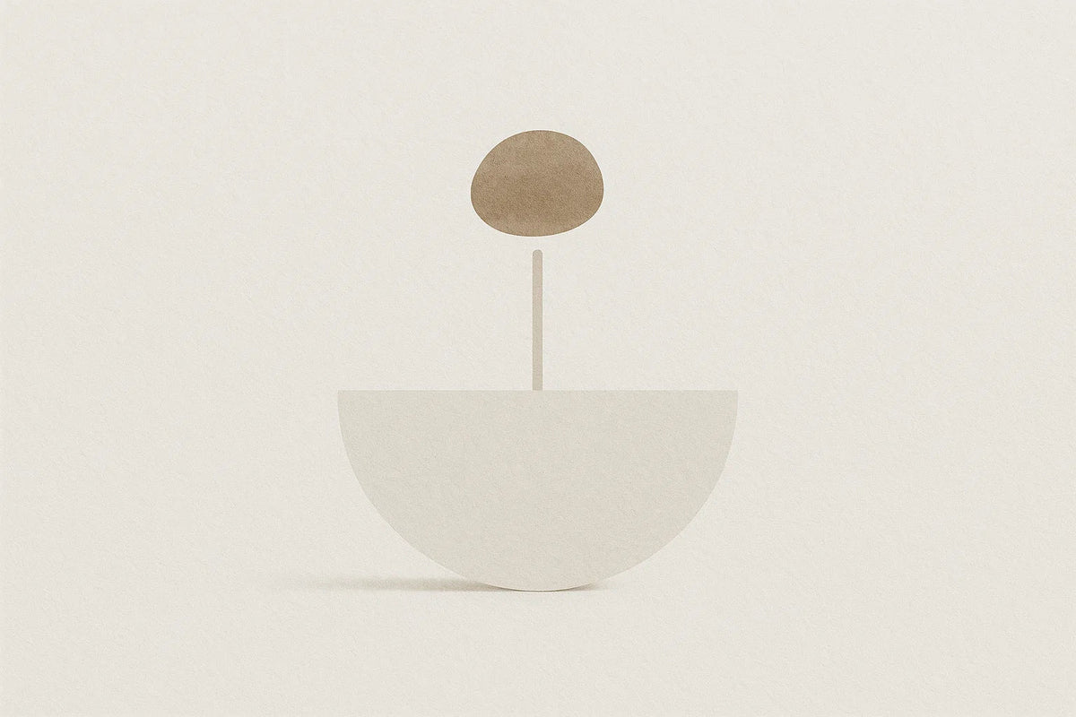 Abstract illustration of an oval form balanced on a stem above a wide bowl shape, symbolizing elevated energy