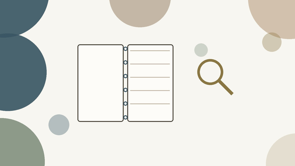 Flat illustration of an open discbound notebook with visible binding rings and a magnifying glass, on a cream background with muted navy, sage, and tan circles