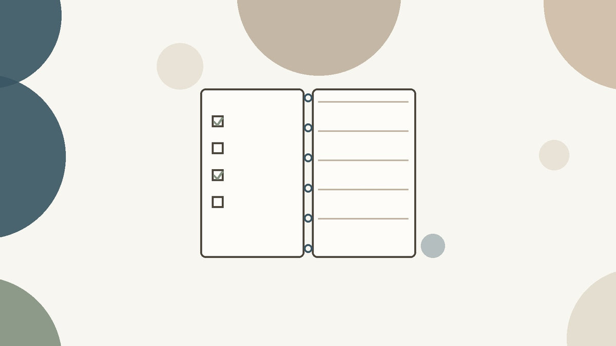 Flat illustration of an open discbound notebook with a checklist of two checked and two unchecked boxes on the left page, on a cream background with muted circles