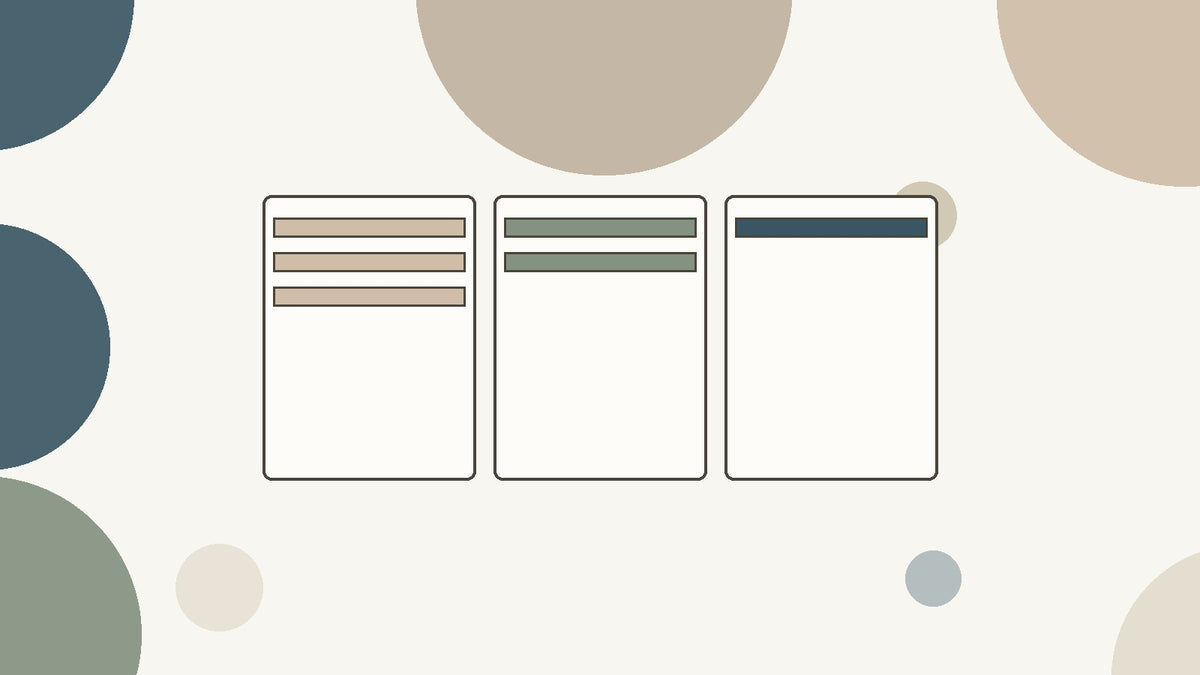 Flat illustration of three card-style columns with colored task bars representing a Kanban board, on a cream background with muted circles