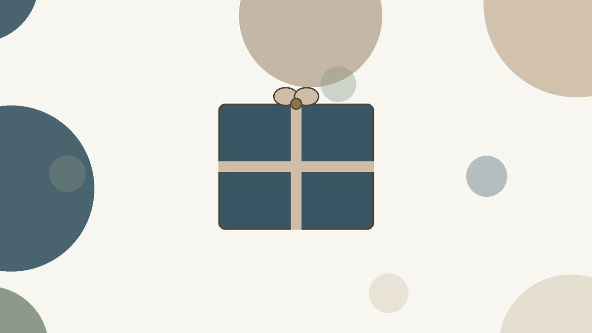 Flat illustration of a wrapped gift box in dark teal with a tan ribbon and bow, on a cream background with muted circles