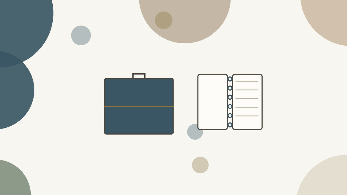 Flat illustration of a briefcase next to an open discbound notebook, on a cream background with muted circles