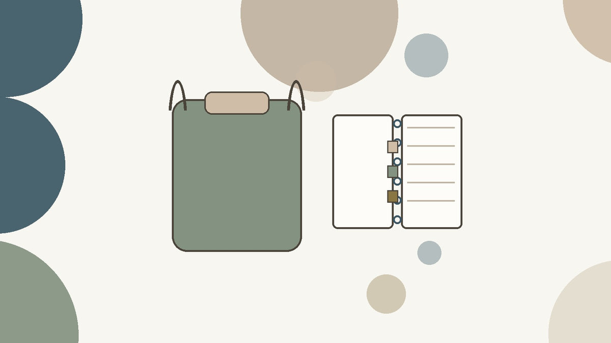 Flat illustration of a backpack next to an open discbound notebook with three colored tab dividers, on a cream background with muted circles