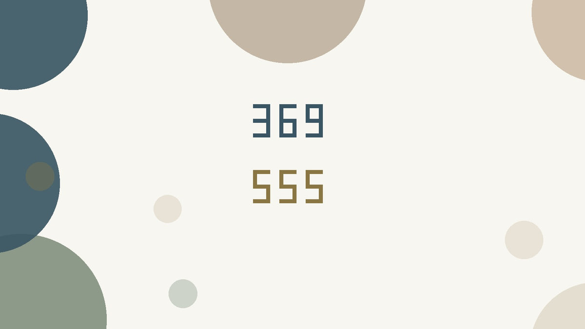 Flat illustration of the numbers 369 in navy and 555 in gold, on a cream background with muted circles