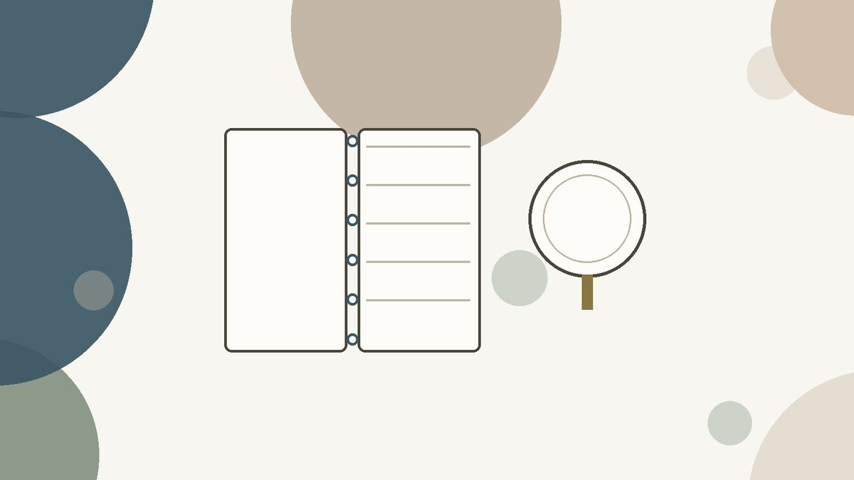 Flat illustration of an open discbound notebook next to a small round hand mirror, on a cream background with muted circles
