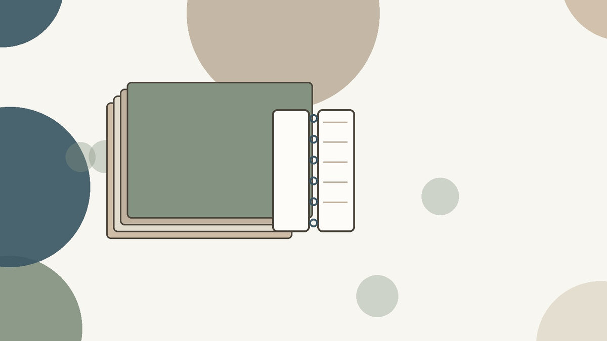 Flat illustration of a stack of closed notebooks next to one open discbound notebook, on a cream background with muted circles