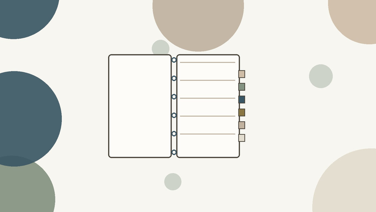 Flat illustration of an open discbound notebook with six colored tab dividers along the edge, on a cream background with muted circles