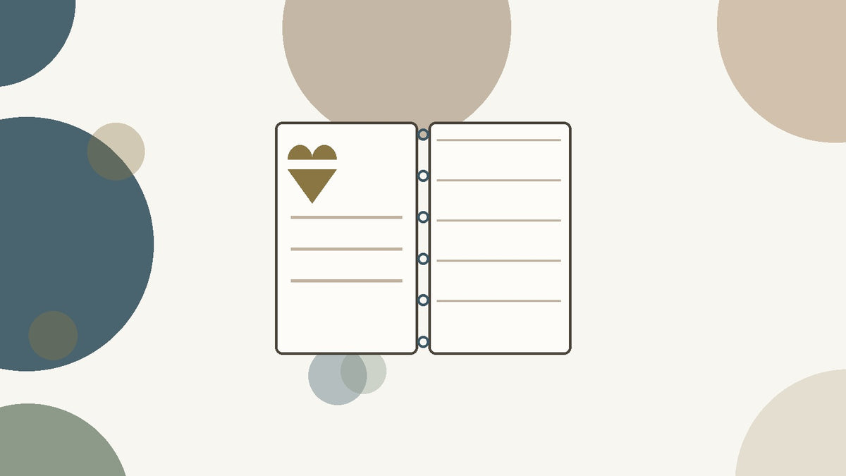 Flat illustration of an open discbound notebook with a small heart icon and a short list on the left page, on a cream background with muted circles