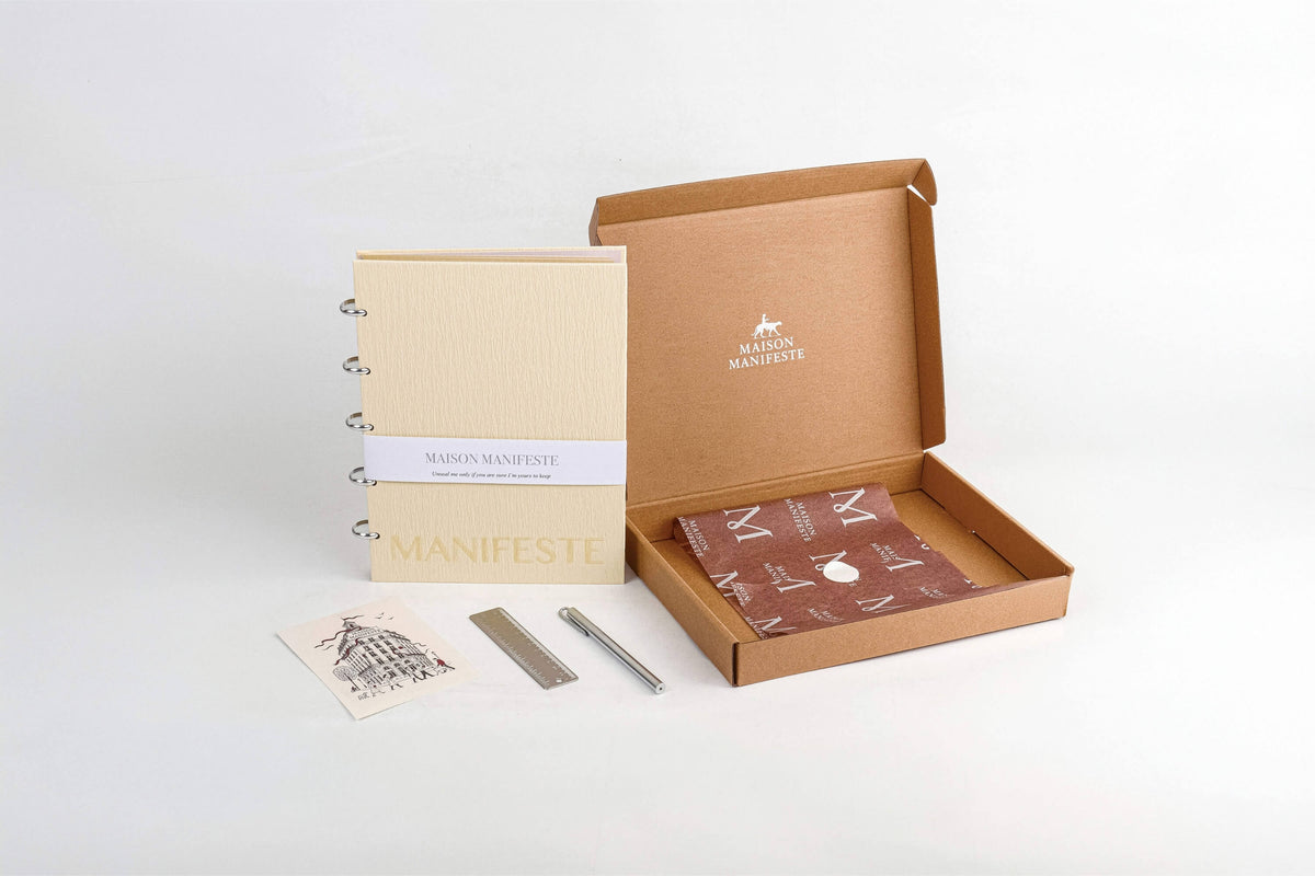 Buttercream A4 (8.27 x 11.69 in) discbound notebook executive gift set with brass pen and ruler