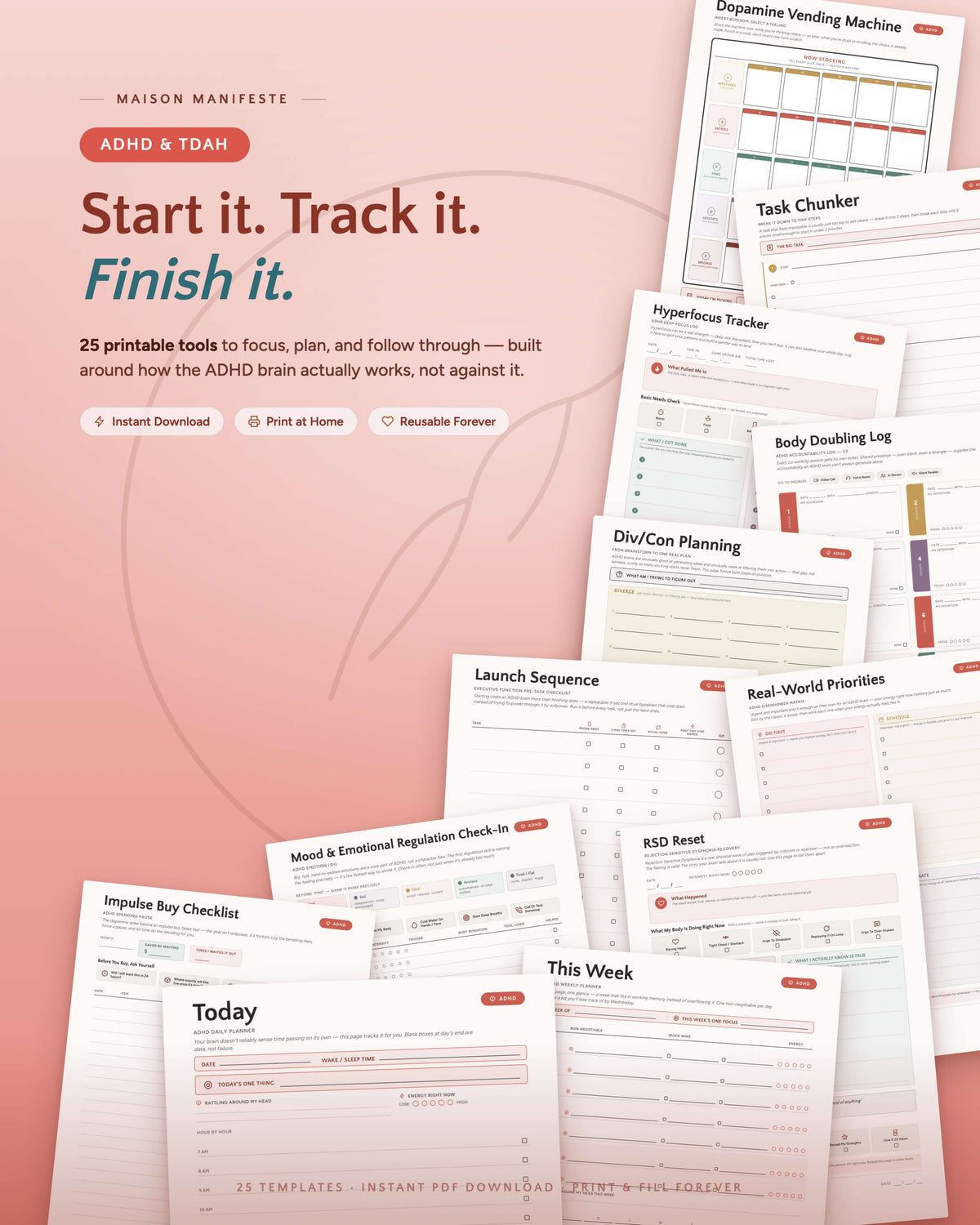ADHD &amp; TDAH printable template collection flat lay — 25 PDF templates including Dopamine Vending Machine, Task Chunker, Hyperfocus Tracker, and RSD Reset