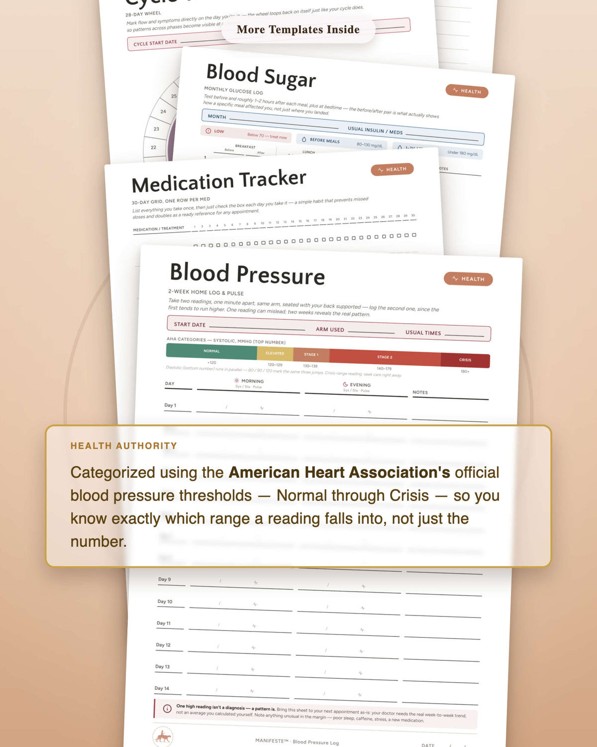 Health & Fitness Templates printable collection flat lay — Blood Pressure Tracker template