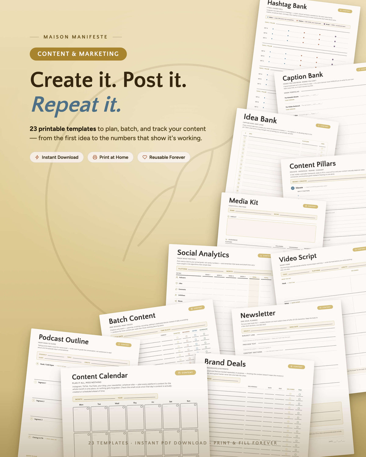 Content & Marketing printable template collection flat lay — 24 PDF templates including Hashtag Bank, Caption Bank, Content Pillars, and Media Kit