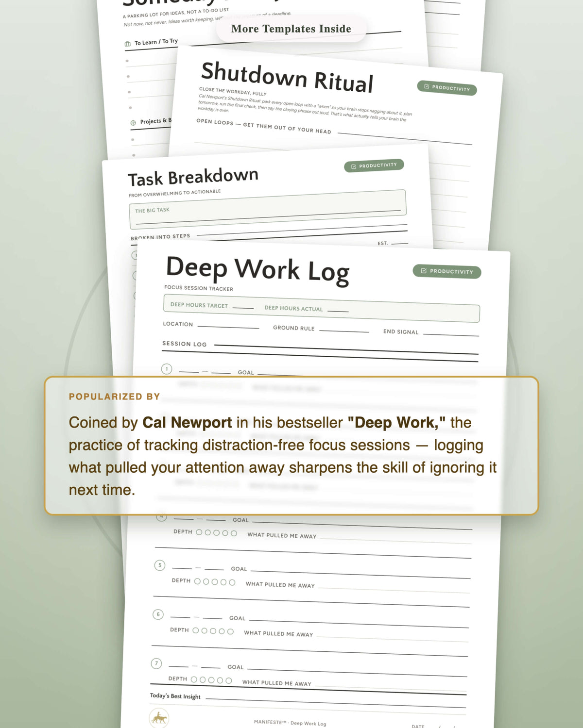 Productivity Templates printable collection flat lay — Deep Work Log template