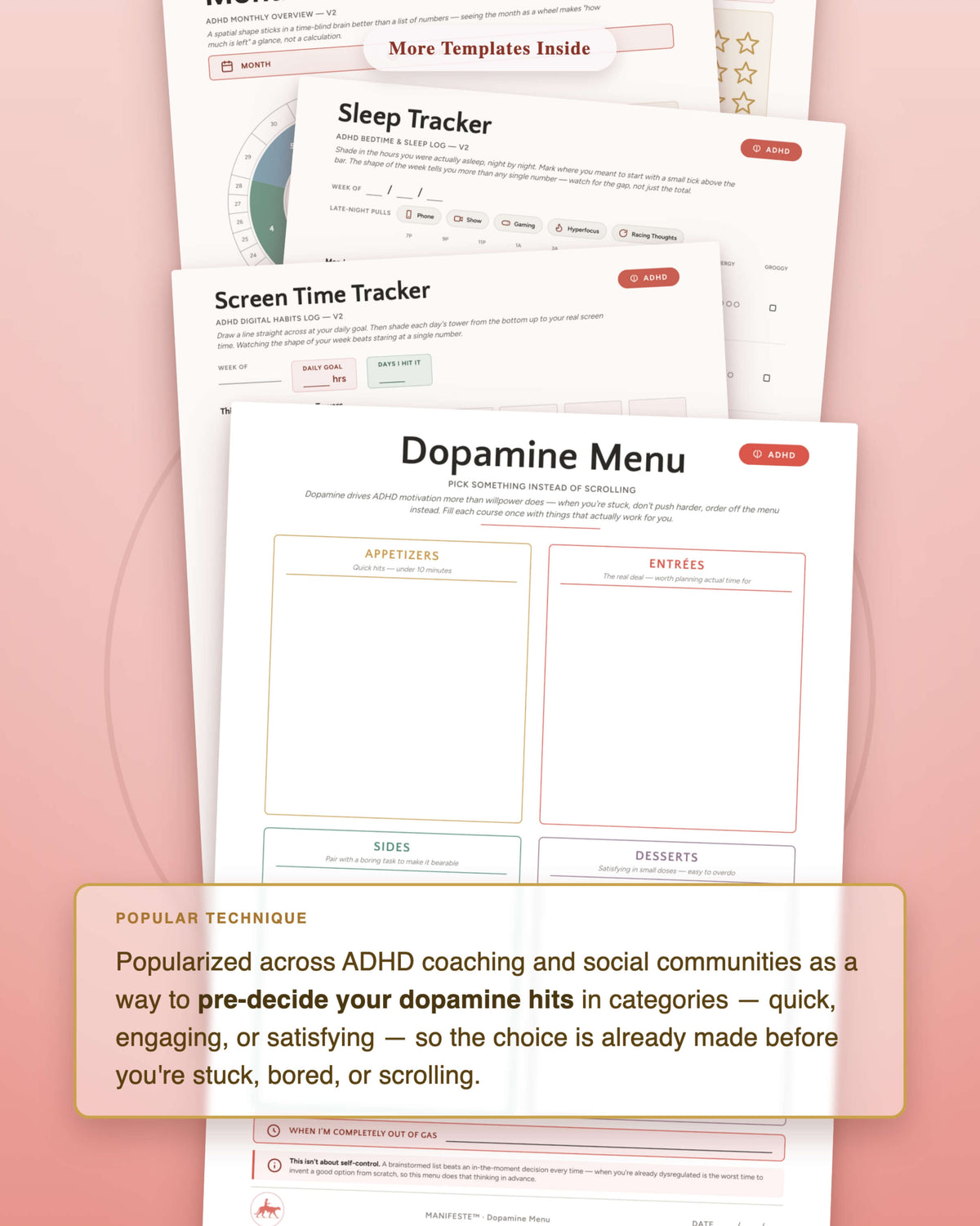 ADHD &amp; TDAH Templates printable collection flat lay — Dopamine Menu template