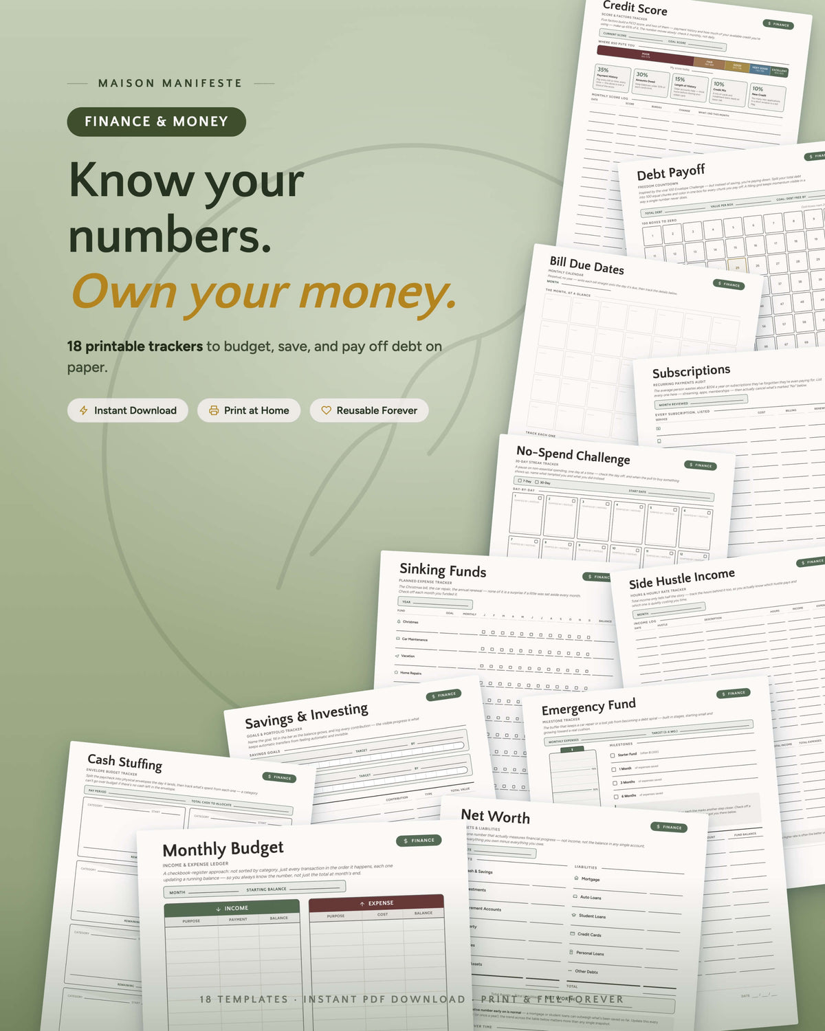 Finance & Money printable template collection flat lay — 18 PDF templates including Credit Score, Debt Payoff, Bill Due Dates, and Monthly Budget