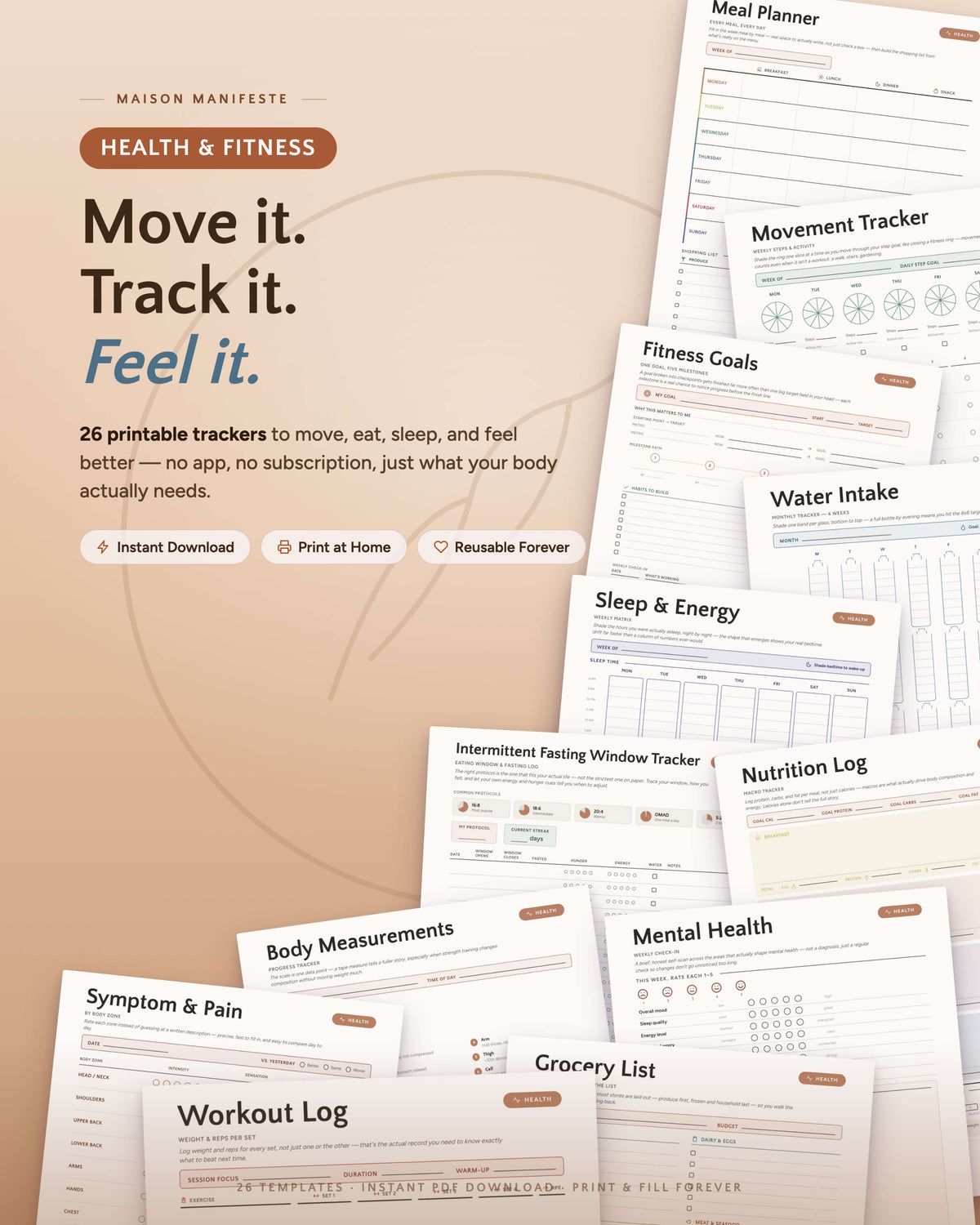 Health & Fitness printable template collection flat lay — 26 PDF templates including Meal Planner, Movement Tracker, Fitness Goals, and Sleep & Energy