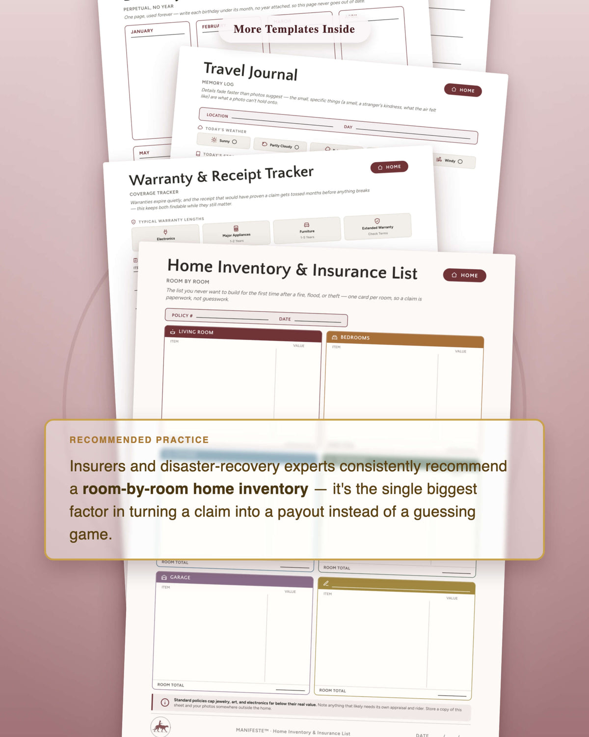 Home, Life Admin & Travel Templates printable collection flat lay — Home Inventory & Insurance List template