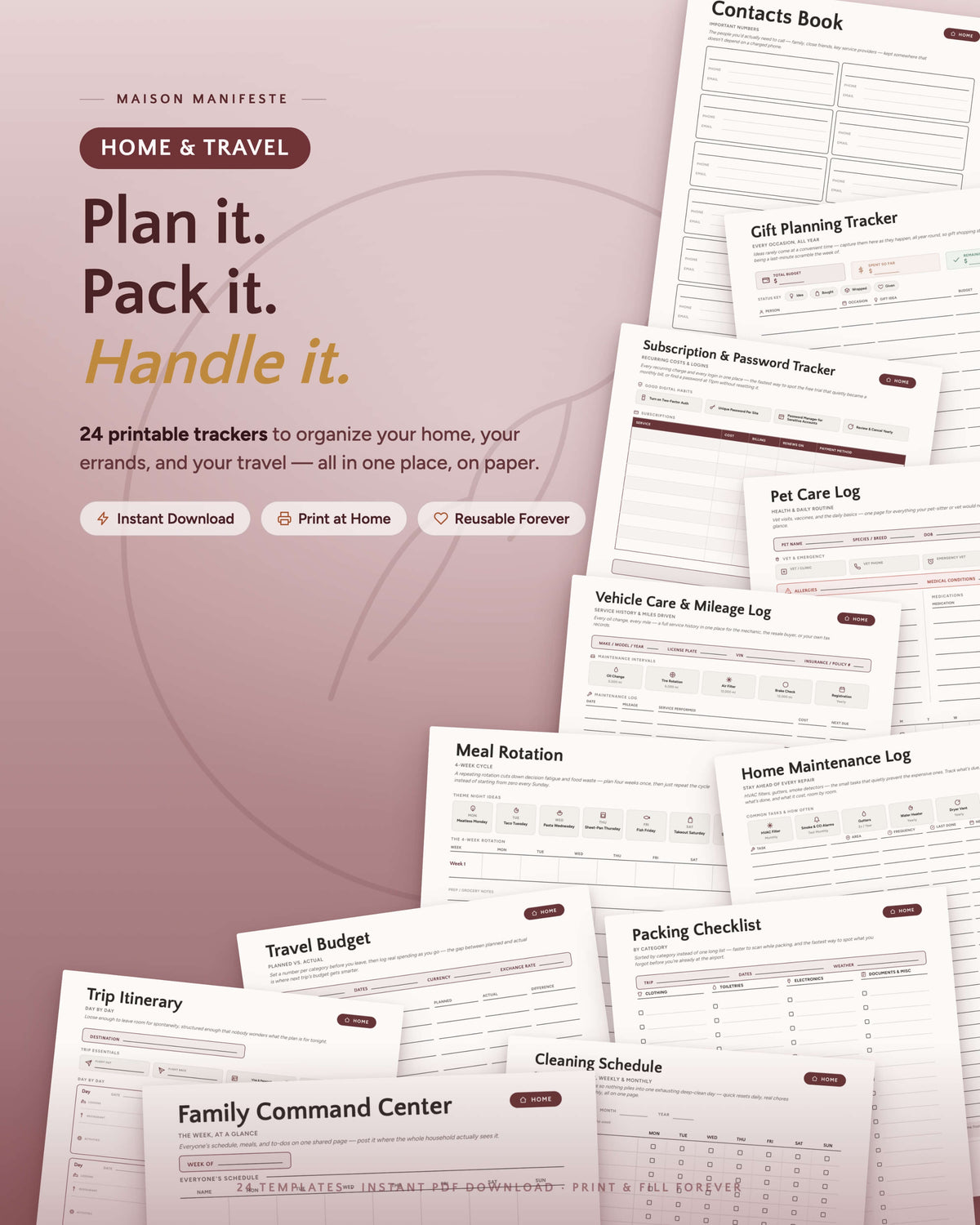 Home, Life Admin & Travel printable template collection flat lay — 24 PDF templates including Home Inventory, Family Command Center, Trip Itinerary, and Cleaning Schedule