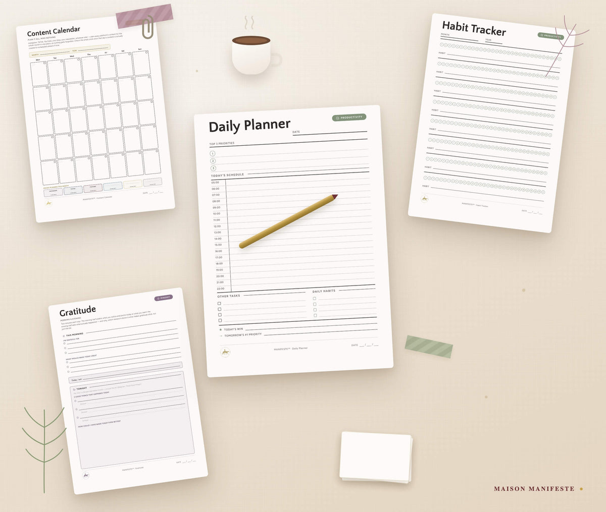 Maison Manifeste printable templates flat lay — Daily Planner, Habit Tracker, Gratitude, and Content Calendar on a desk with coffee and a brass pen