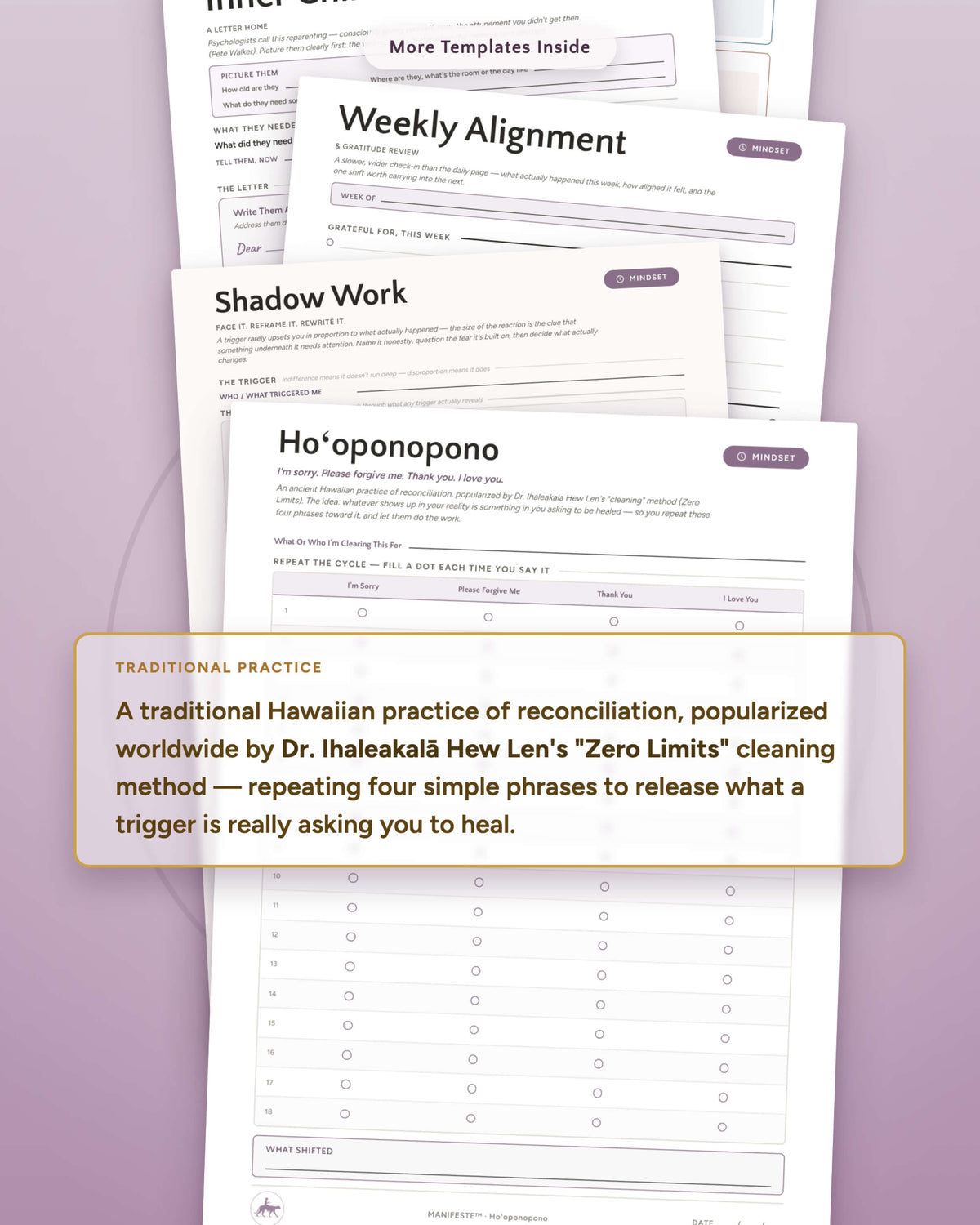 Gratitude &amp; Mindset Practice Part 2 printable template collection flat lay — Ho'oponopono forgiveness practice template