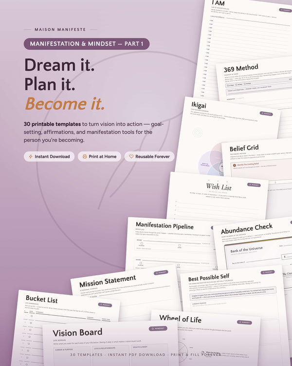 Manifestation & Vision Part 1 printable template collection flat lay — 30 PDF templates including Vision Board, I AM Affirmations, and Manifestation Pipeline