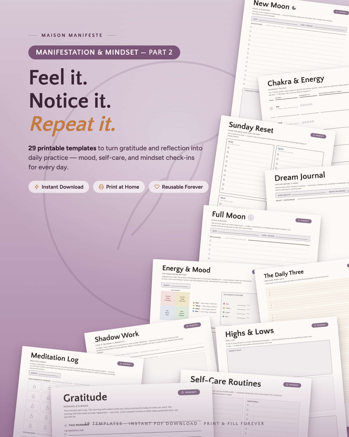 Gratitude &amp; Mindset Practice Part 2 printable template collection flat lay — 29 PDF templates including Gratitude, Meditation Log, and Shadow Work Prompts