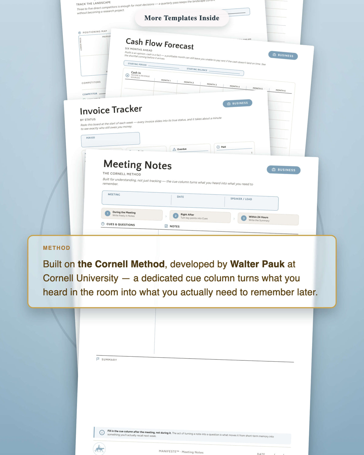 Project & Business Templates printable collection flat lay — Meeting Notes Cornell Method template