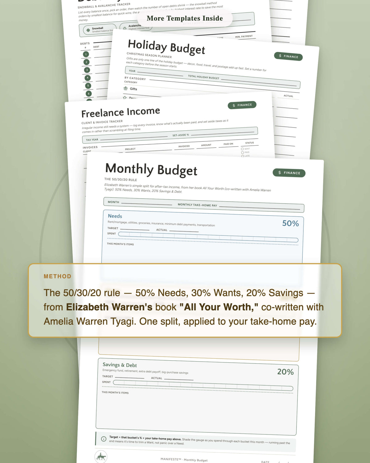Finance & Money Templates printable collection flat lay — Monthly Budget 50/30/20 Rule template