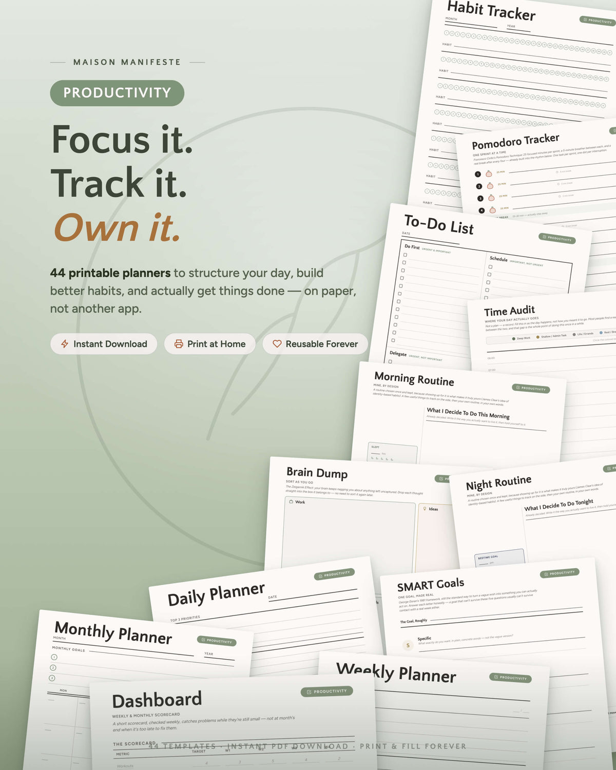 Productivity printable template collection flat lay — 44 PDF templates including Daily Planner, Habit Tracker, Pomodoro Tracker, and Morning Routine