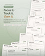 Productivity printable template collection flat lay — 44 PDF templates including Daily Planner, Habit Tracker, Pomodoro Tracker, and Morning Routine