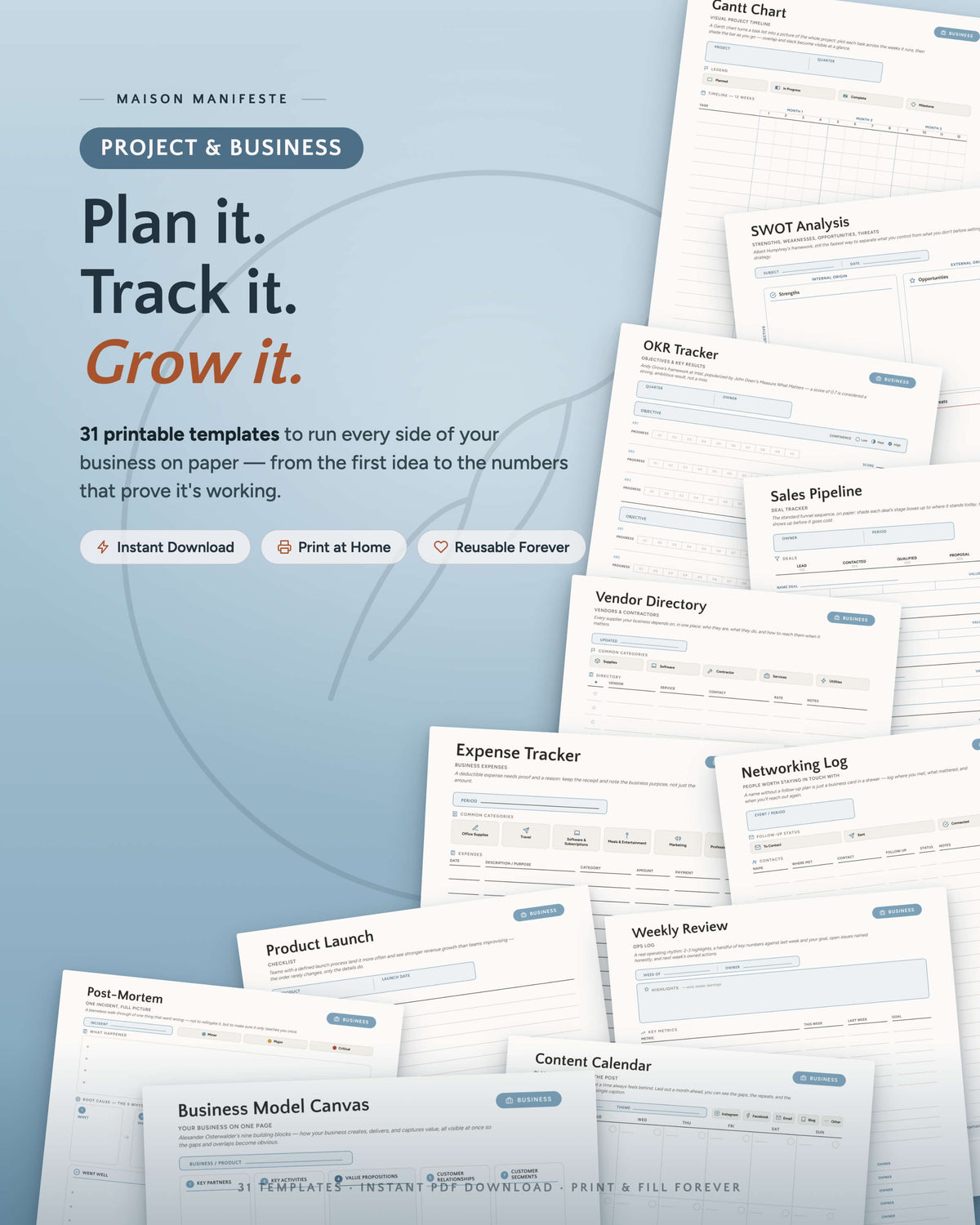 Project & Business printable template collection flat lay — 31 PDF templates including Gantt Chart, SWOT Analysis, OKR Tracker, and Business Model Canvas