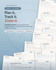 Project & Business printable template collection flat lay — 31 PDF templates including Gantt Chart, SWOT Analysis, OKR Tracker, and Business Model Canvas