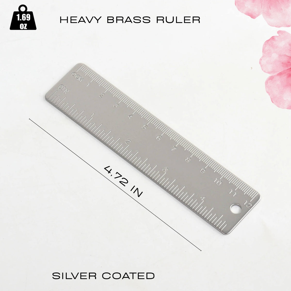 Solid brass ruler from the Maison Manifeste luxury stationery set, silver-coated, 4.72 in