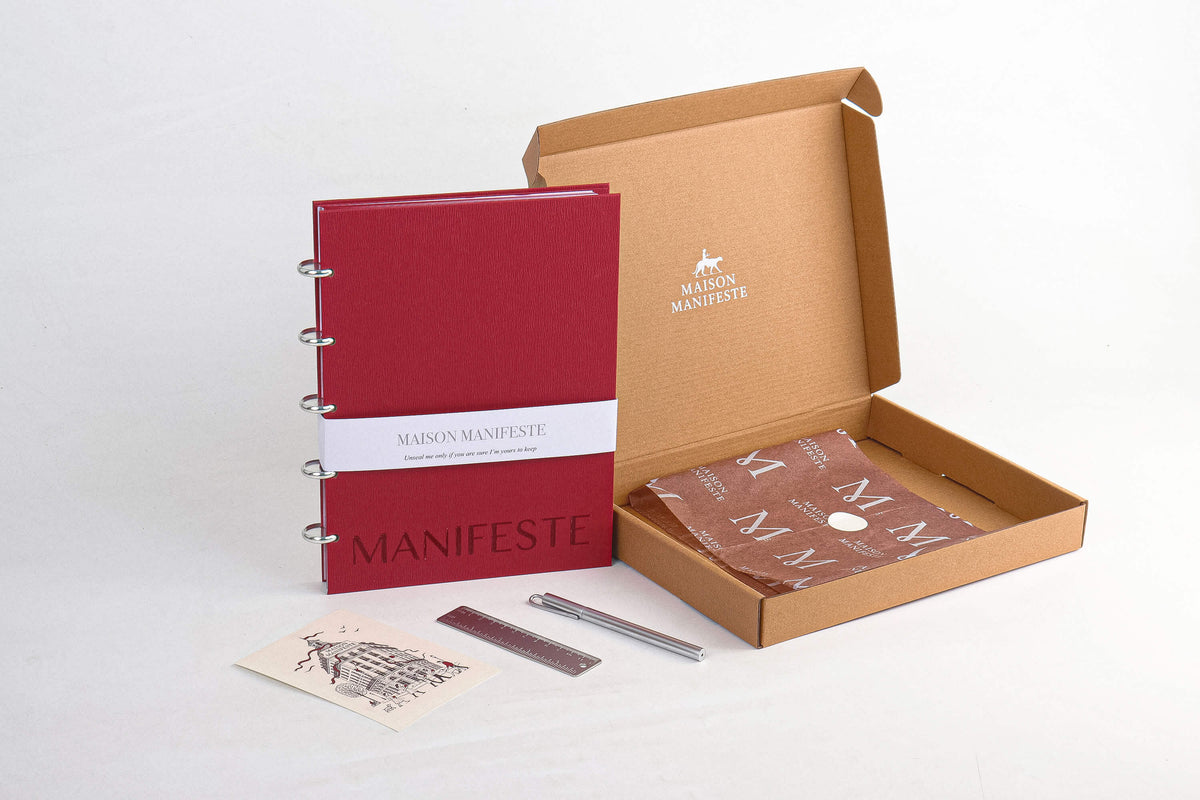 Burgundy A4 (8.27 x 11.69 in) discbound notebook executive gift set with brass pen and ruler
