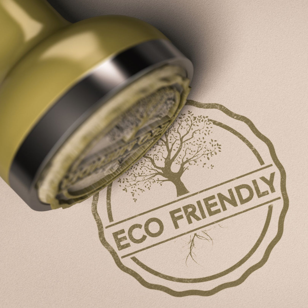 Gold 'Eco Friendly' stamp with a tree design on a beige background